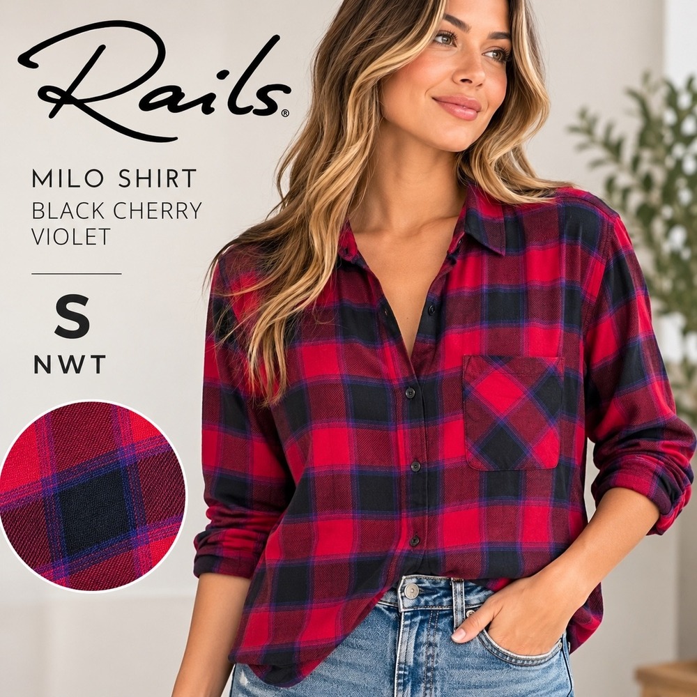 Rails Milo Button Down Shirt Womens Small Black Cherry Violet Plaid Flannel NWT